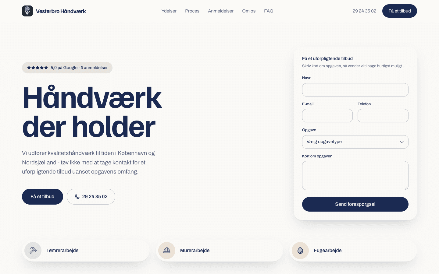 Forsiden af vesterbrohåndværk.com på computer