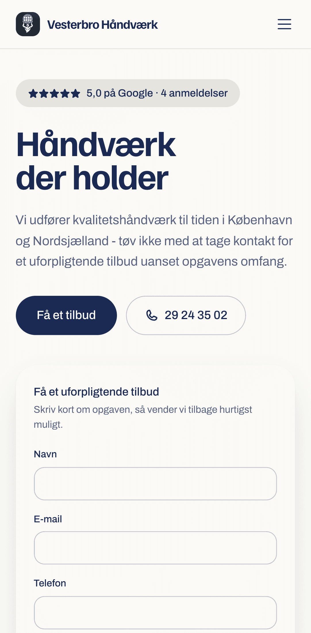 Forsiden af vesterbrohåndværk.com på mobil